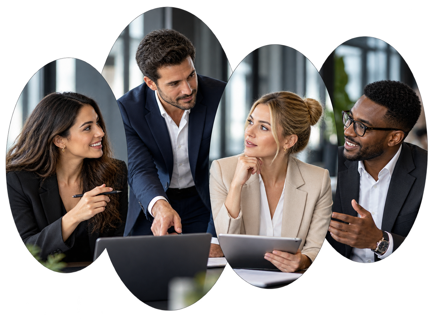 Composición de óvalos superpuestos con un equipo de negocios en reunión.